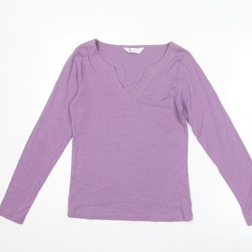 BHS Womens Purple Cotton Basic T-Shirt Size 10 V-Neck
