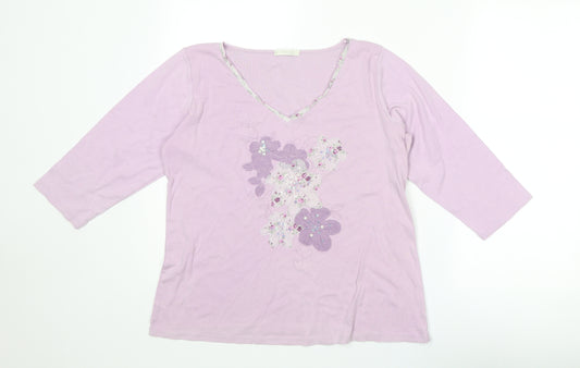 Marks and Spencer Womens Purple Cotton Basic T-Shirt Size 16 V-Neck - Floral Detail