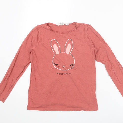 H&M Girls Pink Cotton Pullover T-Shirt Size 9-10 Years Crew Neck Pullover - Bunny