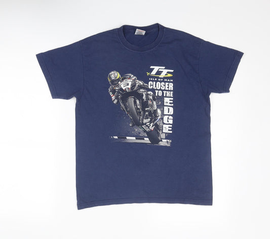 Fruit of the Loom Boys Blue Cotton Basic T-Shirt Size 12-13 Years Round Neck Pullover - Isle of Man TT