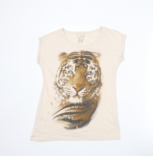 Dunnes Stores Womens Beige Cotton Basic T-Shirt Size 12 Boat Neck - Tiger