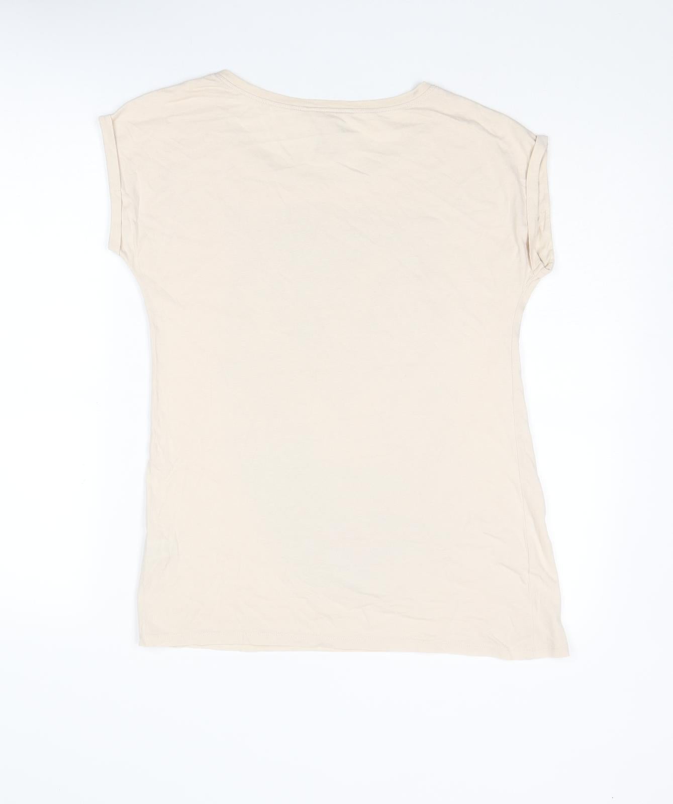 Dunnes Stores Womens Beige Cotton Basic T-Shirt Size 12 Boat Neck - Tiger