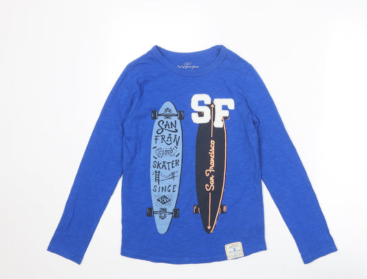 H&M Boys Blue Cotton Basic T-Shirt Size 9-10 Years Round Neck Pullover - San Francisco