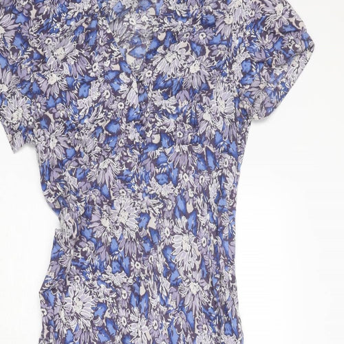 EAST Womens Blue Floral Polyester A-Line Size 10 V-Neck Zip