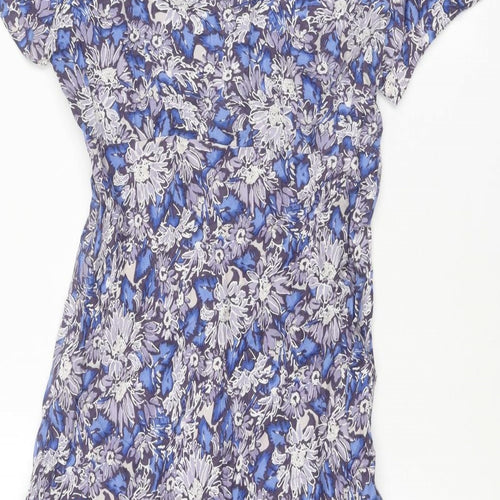 EAST Womens Blue Floral Polyester A-Line Size 10 V-Neck Zip