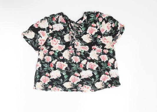 FOREVER 21 Womens Multicoloured Floral Polyester Basic T-Shirt Size M V-Neck