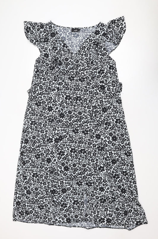 Wallis Womens Black Floral Polyester A-Line Size 14 V-Neck Pullover