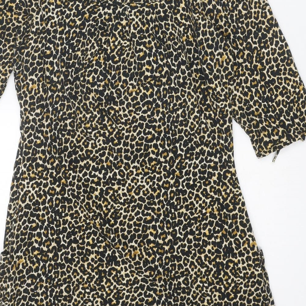Miss Selfridge Womens Multicoloured Animal Print Cotton A-Line Size 12 Round Neck Button - Leopard pattern
