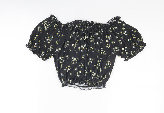 New Look Womens Black Floral Polyester Cropped Blouse Size 10 Round Neck