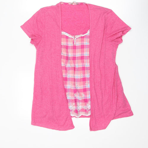Marks and Spencer Womens Pink Plaid Polyester Basic Blouse Size 16 Round Neck - Broderie Anglaise Detail