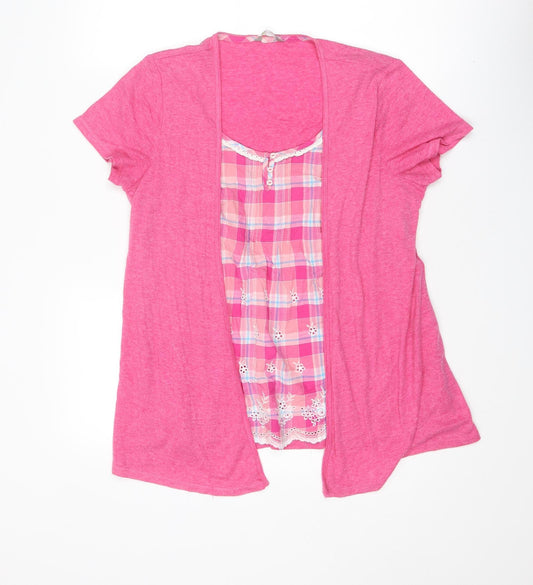 Marks and Spencer Womens Pink Plaid Polyester Basic Blouse Size 16 Round Neck - Broderie Anglaise Detail