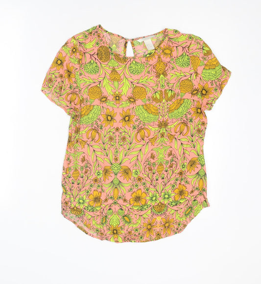 H&M Womens Multicoloured Geometric Viscose Basic T-Shirt Size 8 Round Neck