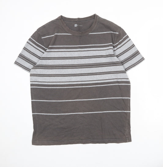 Gap Mens Brown Striped Cotton T-Shirt Size L Round Neck