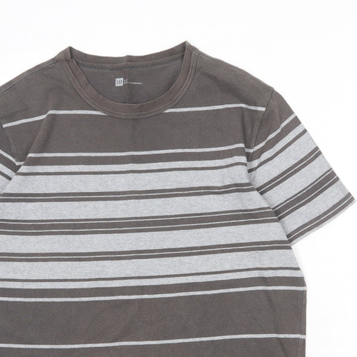 Gap Mens Brown Striped Cotton T-Shirt Size L Round Neck