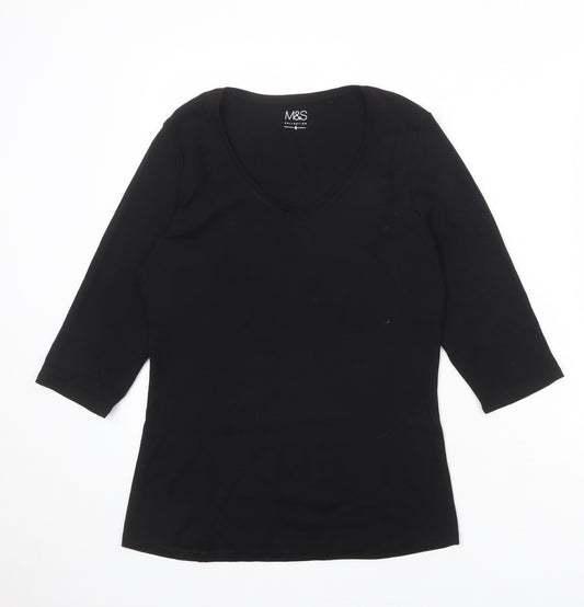 Marks and Spencer Womens Black 100% Cotton Basic T-Shirt Size 14 Round Neck