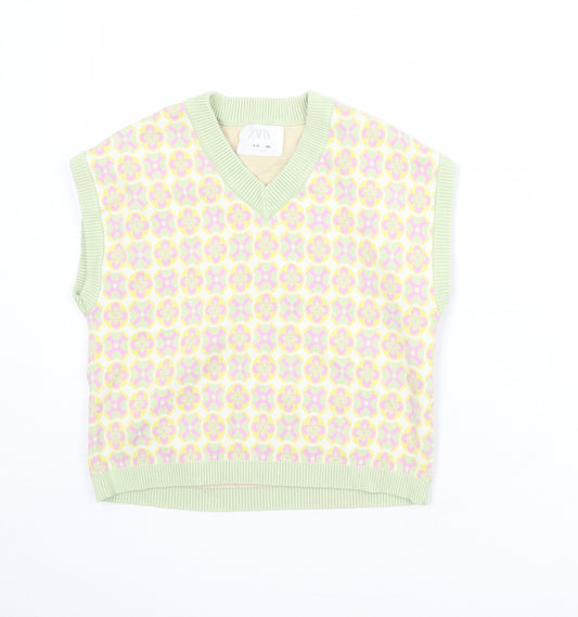 Zara Girls Multicoloured V-Neck Geometric Viscose Pullover Jumper Size 9-10 Years Pullover