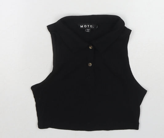 Motel Womens Black Cotton Cropped Polo Size S Collared