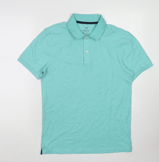 Marks and Spencer Mens Blue Cotton Polo Size S Collared Button