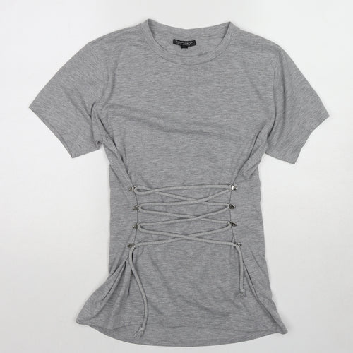 Topshop Womens Grey Cotton Basic T-Shirt Size 8 Crew Neck - Lace Up Detail
