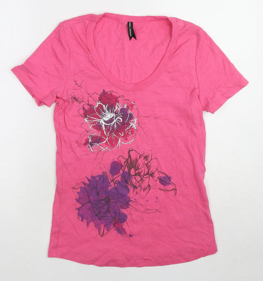 Marks and Spencer Womens Pink Floral Cotton Basic T-Shirt Size 16 Scoop Neck