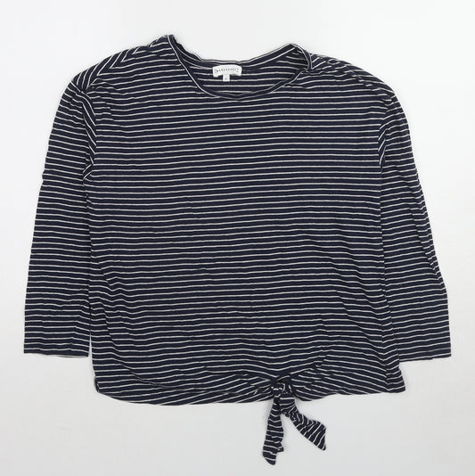Warehouse Womens Blue Striped Cotton Basic T-Shirt Size 14 Round Neck