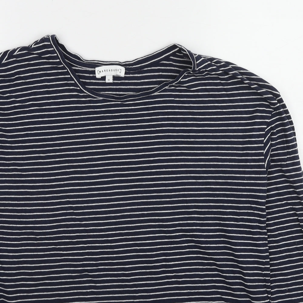 Warehouse Womens Blue Striped Cotton Basic T-Shirt Size 14 Round Neck