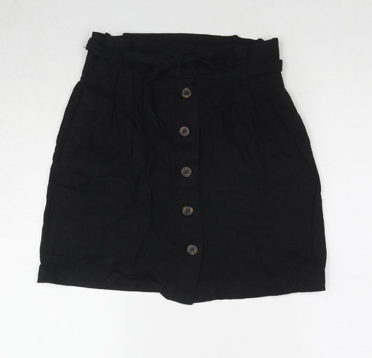 H&M Womens Black Linen A-Line Skirt Size 6 Button