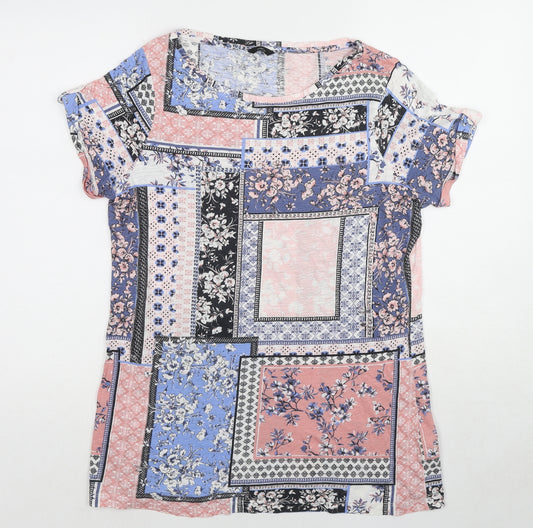 M&Co Womens Multicoloured Geometric Cotton Basic T-Shirt Size 14 Round Neck