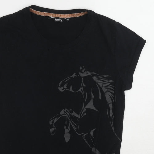 Requisite Womens Black Cotton Basic T-Shirt Size 14 Round Neck - Horses