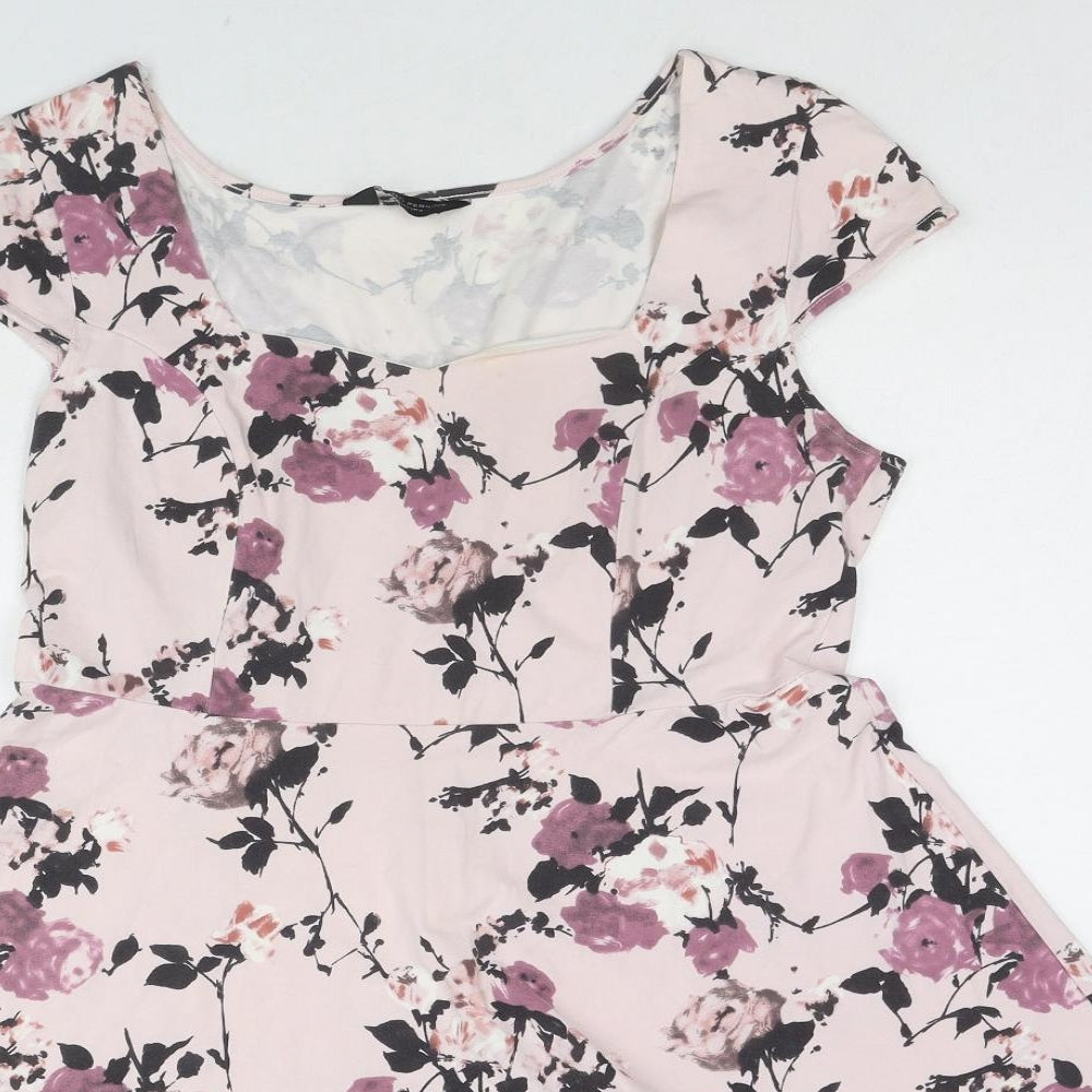Dorothy Perkins Womens Pink Floral Cotton Skater Dress Size 16 Square Neck Pullover