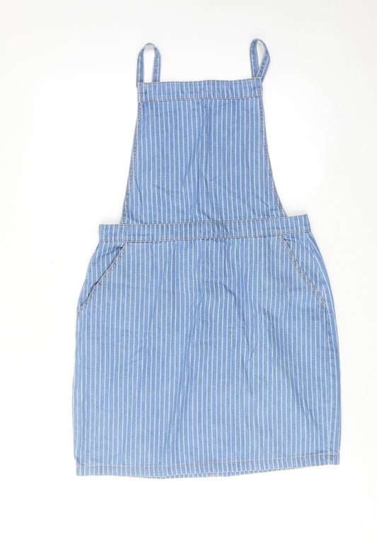 Matalan Womens Blue Striped Cotton Pinafore/Dungaree Dress Size 14 Square Neck Button
