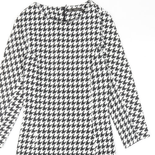 Zara Womens White Houndstooth Polyester Sheath Size S Round Neck Zip