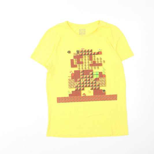 Super Mario Mens Yellow Cotton T-Shirt Size S Round Neck