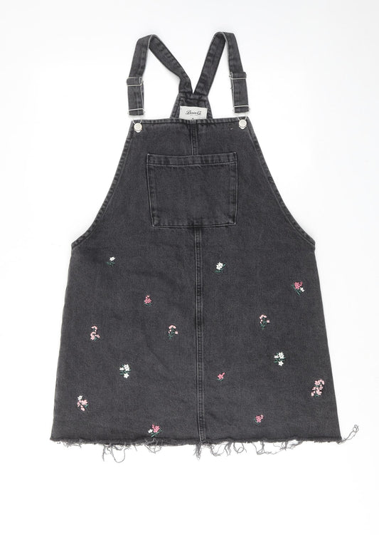 Denim & Co. Womens Grey Cotton Pinafore/Dungaree Dress Size 14 Square Neck Button - Flower Detail