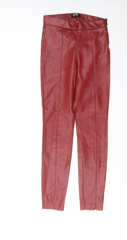 Zara Womens Red Polyurethane Trousers Size XS Regular Zip - Faux Leather