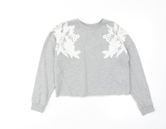 Miss Selfridge Womens Grey Cotton Pullover Sweatshirt Size 4 Pullover - Flower detail