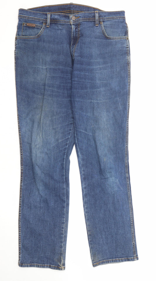 Wrangler Mens Blue Cotton Straight Jeans Size 36 in Regular Zip