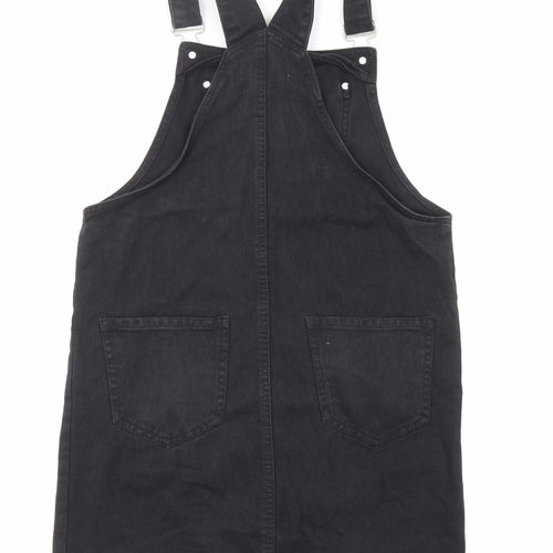 New Look Womens Black Cotton Pinafore/Dungaree Dress Size 8 Square Neck Button