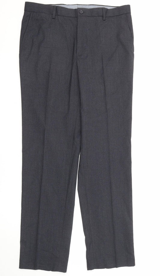Marks and Spencer Mens Blue Plaid Polyester Dress Pants Trousers Size 34 in L33 in Regular Zip