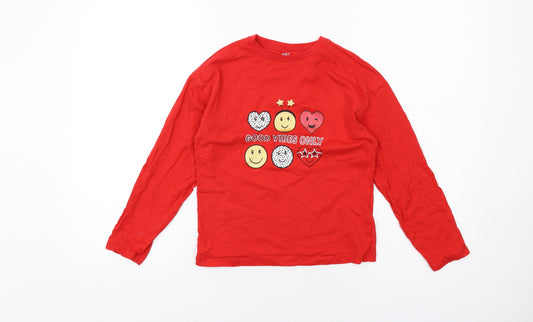 Marks and Spencer Girls Red Cotton Pullover T-Shirt Size 9-10 Years Crew Neck Pullover - Good Vibes Only
