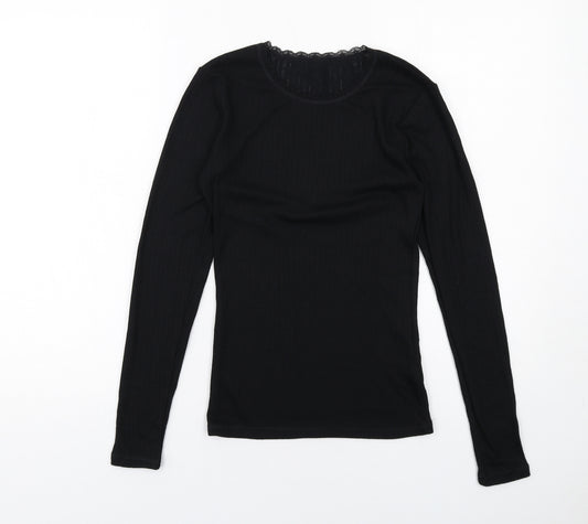 Marks and Spencer Womens Black Polyester Basic T-Shirt Size 8 Crew Neck - Lace Trim