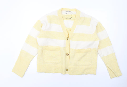 Autograph Womens Yellow V-Neck Striped Polyester Cardigan Jumper Size 18