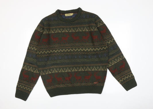 P.G. Field Mens Green Round Neck Fair Isle Acrylic Pullover Jumper Size L Long Sleeve - Reindeer