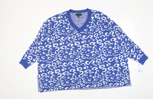 Blue Vanilla Womens Blue V-Neck Animal Print Acrylic Pullover Jumper Size 18 - Leopard Print