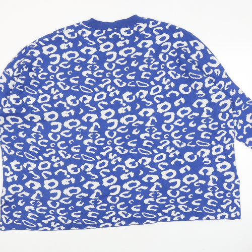 Blue Vanilla Womens Blue V-Neck Animal Print Acrylic Pullover Jumper Size 18 - Leopard Print