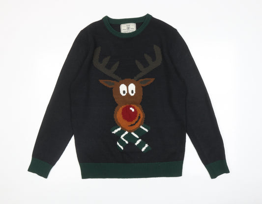 NEXT Mens Black Round Neck Acrylic Pullover Jumper Size M Long Sleeve - Christmas Rudolph