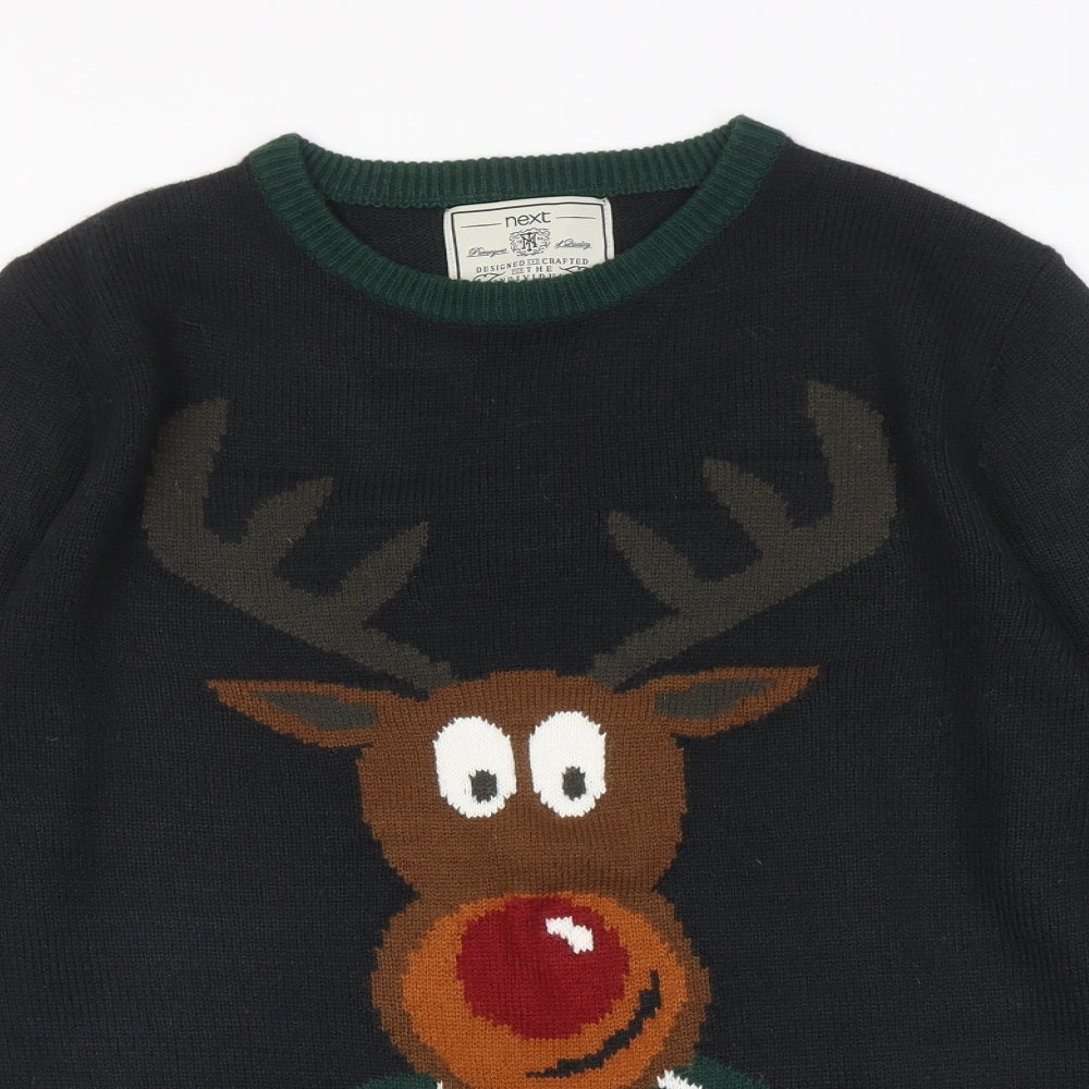 NEXT Mens Black Round Neck Acrylic Pullover Jumper Size M Long Sleeve - Christmas Rudolph