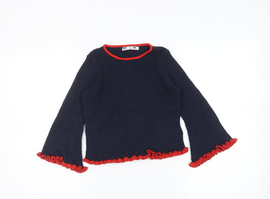 Marks and Spencer Girls Blue Boat Neck 100% Cotton Pullover Jumper Size 4-5 Years Pullover - Flared Sleeve