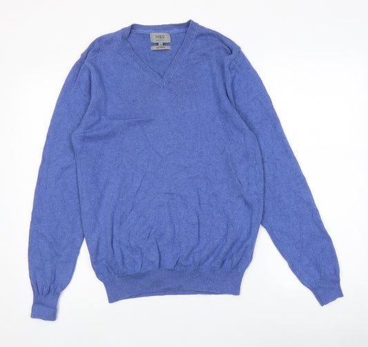 Marks and Spencer Mens Blue V-Neck Cotton Pullover Jumper Size M Long Sleeve