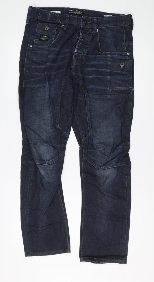 JACK & JONES Mens Blue Cotton Straight Jeans Size 32 in L30 in Regular Button